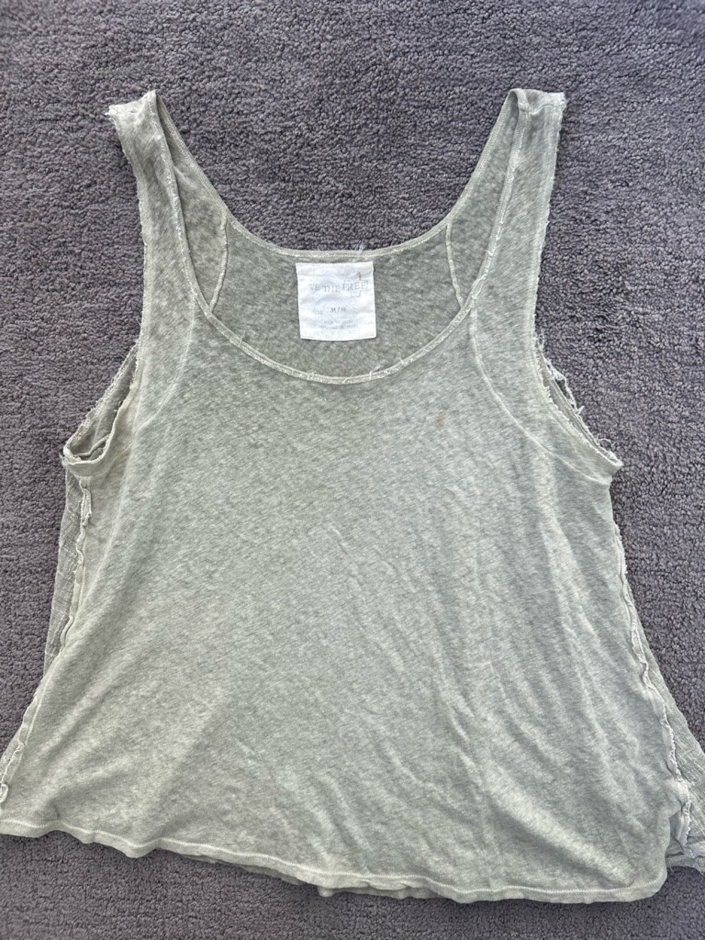 We The Free Free People Sage Green Raw-Edge Tank Top Side Panel Relaxed Size M